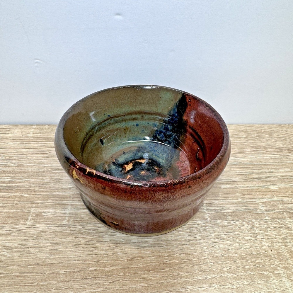 Signed Studio Art Pottery Bowl Brown Blue Green Glaze Handmade Stoneware